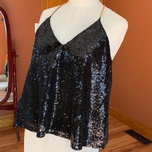 Black Sequin top with gold chain straps, SZ M/L
